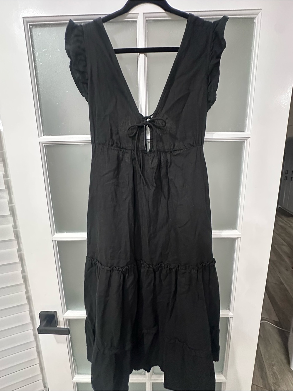 Rue Stiic Black Tiered Midi Dress V-Neck Tie Front Flutter Sleeve Boho